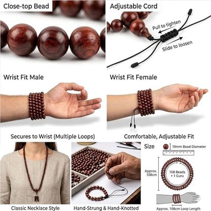 Agan Traders 108 Mala Prayer Beads Necklace for Men & Women – Tibetan Buddhist Prayer Beads Wrist Mala - Handmade Yak Bone Japa Mala Beads for Meditation, Yoga & Healing - color: Rosewood-10mm