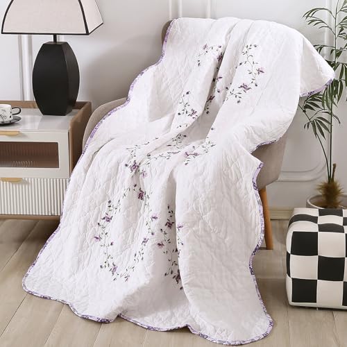 vctops 100% Cotton Quilted Throw Blanket 50x60 Inch Floral Embroidered Reversible Patchwork All Season Throw (Purple,50"x60") - color: Purple