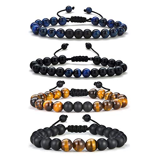 M MOOHAM Fathers Day Gift Mens Bracelet - Beaded Natural Stone 8mm Tiger Eye Matte Agate Lava Rock Bracelets for Men Teen Boys Grandpa Dad Birthday Gifts Jewelry - style: 4 Pcs Tiger Eye&Matte Agate