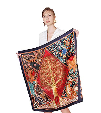 ANDANTINO 100% Silk Scarf 43" Large Square Lightweight Headscarf& Shawl–Women Hair Wraps-With Gift Packed - color: Navy Plant World