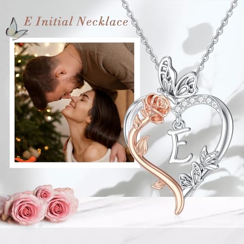 TOUPOP Gifts for Women Her 925 Sterling Silver Rose Heart Initial Necklace Butterfly Heart Jewelry Anniversary Birthday Gifts for Wife Girlfriend Mom - color: E Initial