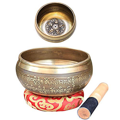 Tibetan Singing Bowl Set,Carved with Five Buddha Statues and Mentra of Om Mane Padme Hum,For Sound Healing,Meditation,Yoga,Relaxation,Chakra Balance,Handmade in Nepal(5.7inches) - color: Five Buddha, size: 14.5cm