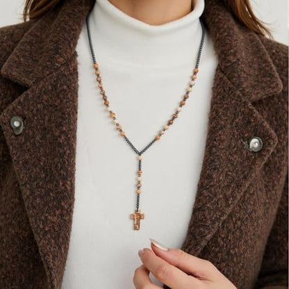 LIYAPEI Triple Protection Necklace with Tiger Eye, Obsidian, and Hematite - Stylish Men's Cross Necklace and Women's Y-Shaped Sweater Chain An Anxiety Relief Beaded Necklace. - color: yellow