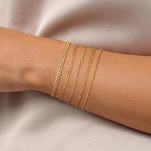 DEARMAY Gold Bracelets for Women Waterproof, 14K Gold Plated Stackable Jewelry Sets Non Tarnish Trendy Thin Dainty Cuban Link Paperclip Chain Bracelet Stack Fashion Accessories Gifts for Womens - style: 5Pcs BRACELET G