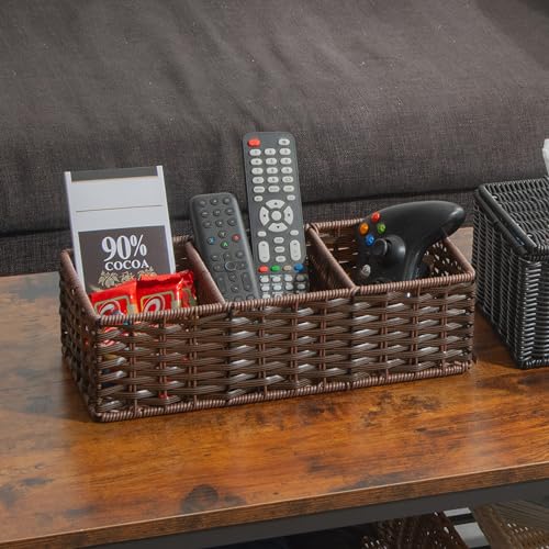 myHomeBody Wicker Basket With 3 Compartments, For Toilet Tank Paper Rolls, Hand Woven Bathroom Countertop Organizer, Bedroom Organization, 1pc, Dark Walnut - color: Dark Walnut