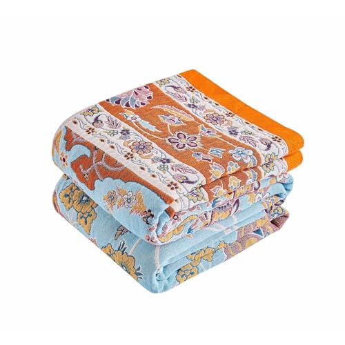 Boho Throw Blanket 100% Cotton Muslin Woven Blanket Bohemian Bed Throws Vintage Rustic Farmhouse Decor Reversible Bed Blanket Quilt for All Seasons（Yellow 60"x80"） - color: A- Boho Brwon Blue, size: Twin-60"x80"
