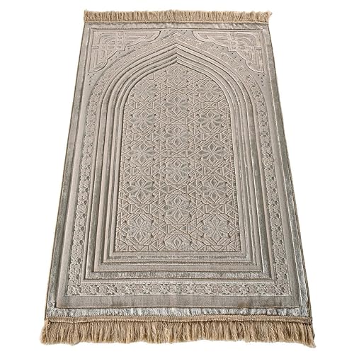 Modefa Luxury Velvet Prayer Rug with Prayer Beads | Soft Elegant Muslim Turkish Janamaz Sajada Carpet for Men and Women | Plain Solid Prayer Mat Ramadan Eid Gift - Najma (Mink) - color: Najma Mink