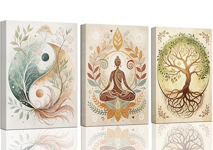 3 Pcs Tree of Life Canvas Wall Art Lotus Zen Painting Pictures Wall Decor Yin Yang Taichi Spiritual Prints Posters for Living Room Yoga Room Hotel Bedroom Home Decor 16x24in Framed - size: 24L"×16W" canvas
