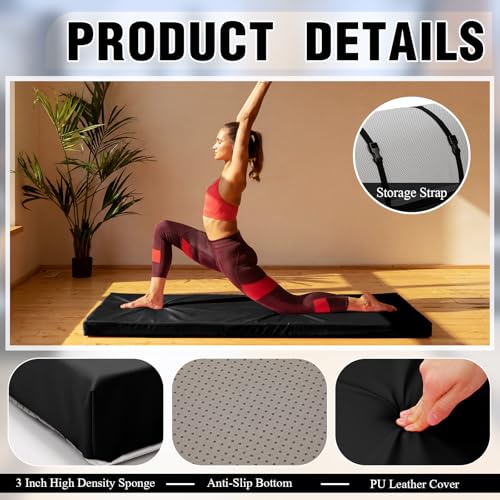 Lyrow 3 Inch 72"x 24" Thick Foldable Yoga Mat with Carry Strap, Non-slip Portable Foam Gym Mat for Yoga, Pilates and Stretching - color: Black