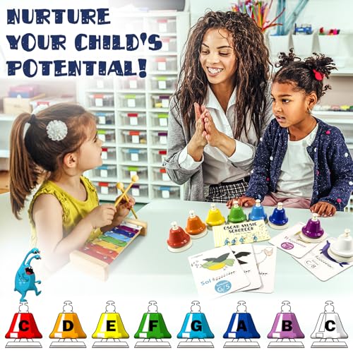 Desk Bells for Kids | Educational Music Toys for Toddlers 8 Notes Colorful Hand Bells Set | Kids Musical Instrument with 15 Songbook | Great Birthday Gift for Children