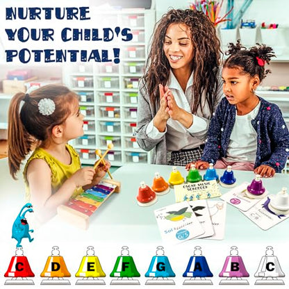 Desk Bells for Kids | Educational Music Toys for Toddlers 8 Notes Colorful Hand Bells Set | Kids Musical Instrument with 15 Songbook | Great Birthday Gift for Children