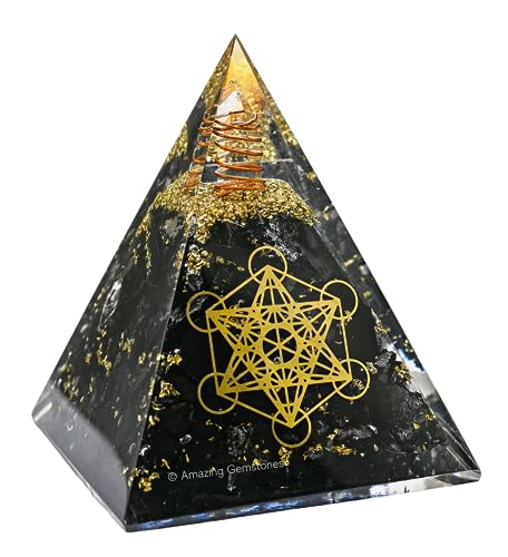 Amazing Gemstone Organite Orgone Pyramid Extra Large 105 MM - Metatron Cube Orgone Energy Pyramid with Black Tourmaline Crystals and Healing Stone - Orgonite Pyramids Crystals and Positive Energy - color: Black Tourmaline