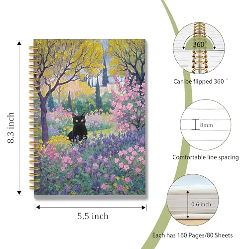 Garden Floral Black Cat Spiral Notebook, Black Cat Gifts Journal, Cats Lovers Mom Lady Gifts Journal Notebook, 5.5x8.3 Inch - color: Style03