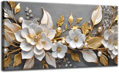 Large Living Floral Canvas Wall Art Gold White Plant Abstract Decor painting Pictures Modern Nordic Botanical Flowers Posters Prints for Bathroom Bedroom Office Hallway Home Decoration - color: flower, size: 40"L x 20"W