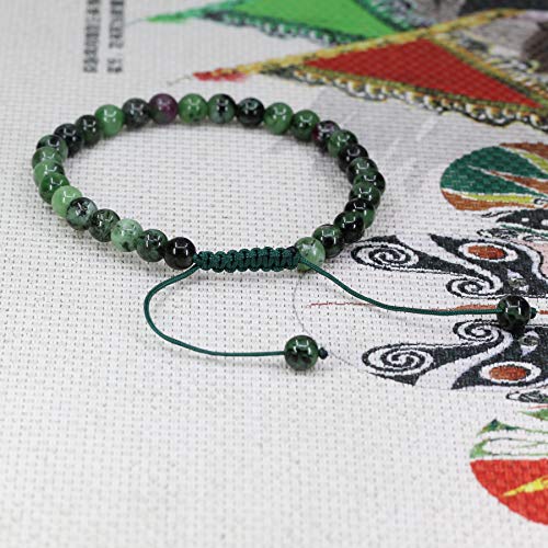 Keleny Natural Gemtone 6mm Round Beads Crystal Adjustable Braided Macrame Tassels Bracelets Unisex - color: Green Ruby in Zoisite