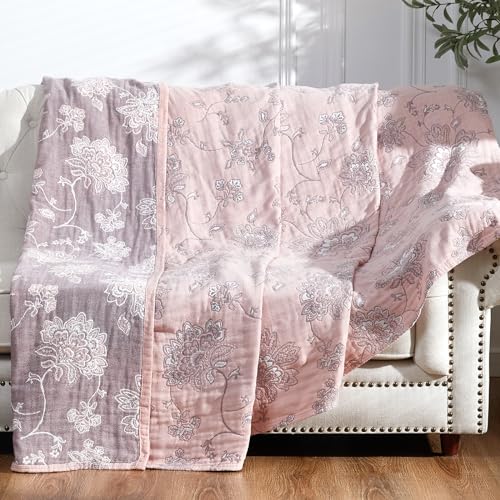jinchan Boho 100% Cotton Muslin Queen Size 80x90 Inches Blanket Lightweight 4-Layer Quilted Soft Pink Multi Floral Throw Blanket Reversible Comfy Flower Rustic All Seasons Couch Bedroom Decor - color: Floral Pink Red, size: 80"x90"