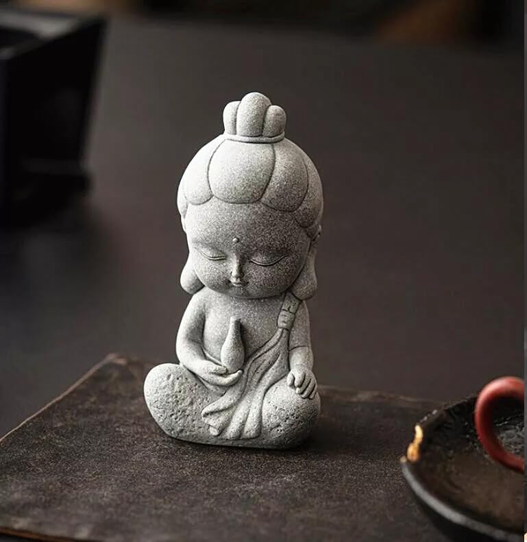 4.7" Sculpture Gifts GuanYin Ornament Simple Home Outdoor Statue Gravel Praying Garden Decoration Grey Craft Guan Yin Statue Handmade Stone Kwan Yin Buddha Meditating Zen Decor Figurine