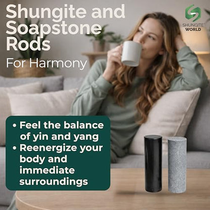 Shungite World 2 pcs Authentic Shungite and Soapstone Harmonizers Cylinders Set Chakra Healing Crystals for Grounding Shungite Stones for Meditation Magnetic Therapy Negative Energy Protection