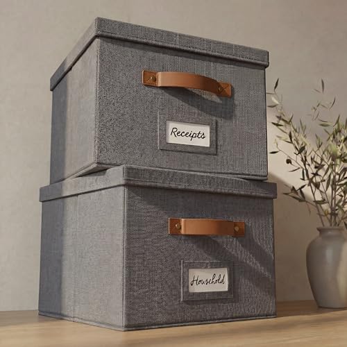 Decorative File Organizer Box Set of 2 - Collapsible Linen Filing Cabinets with Handles Are Perfect to Store All Your Documents & Hanging File Folders - Portable Easy Slide Office Crates with Lid - color: Grey