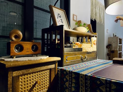 Altar Table with Drawer,Puja Table for Home,Perfect Used for Meditation, Prayers, Bamboo Furniture for Displaying Jars, Plants and Books (Walnut Color, 20.4x9.8x11 in, with Incense Burner 5Pcs Set)
