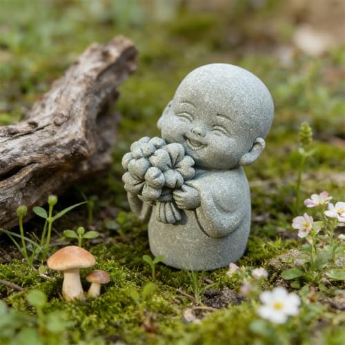 livelyfish Japanese Monk Statue Praying Zen Sandstone Mini Buddha Statues Asian Garden Sculptures for Wealth Good Luck Feng Shui Home Decor (Style 2)