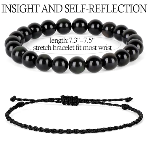 QOGIR 2pcs Handmade Healing Bracelet, Natural Gem Stone Crystal Elastic Bracelet - color: Black Obsidian(Self - Reflection), size: 8mm