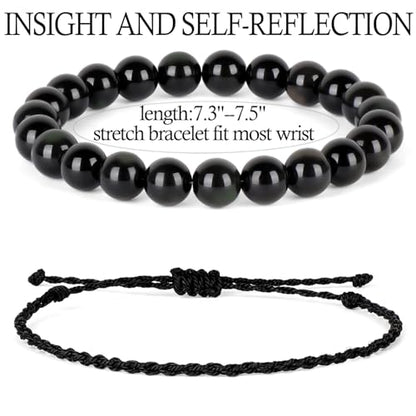 QOGIR 2pcs Handmade Healing Bracelet, Natural Gem Stone Crystal Elastic Bracelet - color: Black Obsidian(Self - Reflection), size: 8mm