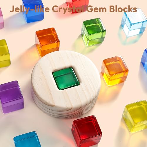 Woodtoe Rainbow Building Blocks Set for Toddlers, 16 PCS Large Acrylic Gem Cubes Stacking Blocks, 3 Wooden Shape, Montessori Stacking Toy for 1 2 3 4 Year Old, Educational STEM Creative Toys for Kids - style: 16 PCS Large Acrylic Blocks Set