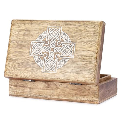 Ajuny Handmade Decorative Wooden Jewelry Box Celtic Cross Design Multipurpose Treasure Chest Storage Organizer Trinket keepsake Necklaces Watch Boxes, Great Gifts - 8x5 Inch - style: Celtic Cross White