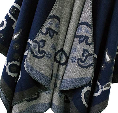 Urban CoCo Women's Color Block Shawl Wrap Open Front Poncho Cape - color: Series 21-navy Blue
