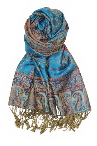 Achillea Reversible Paisley Pashmina Rave Scarf – Exotic Indian Shawls and Wraps for Evening Dresses, Festivals, All Seasons - color: Teal
