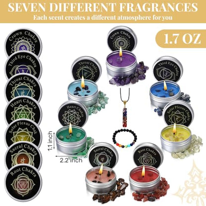 9 Pcs Chakra Candles Set with Healing Crystal Bracelet Necklace Spiritual Gifts for Women Meditation Scented Soy Aromatherapy Healing Candles Reiki Gifts for Positive Energy Yoga Relaxation