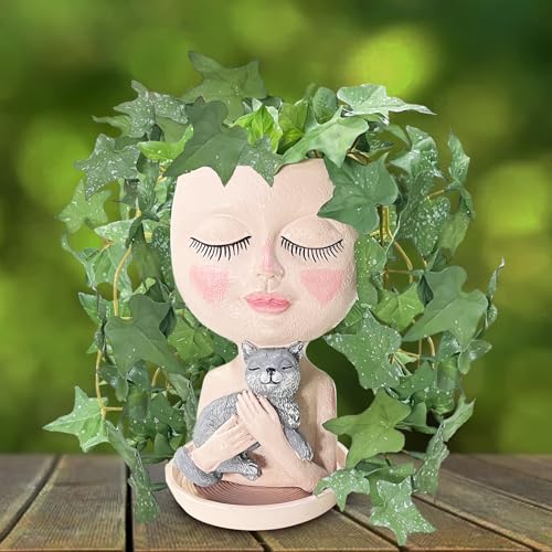 Face Plant Pots Head Planters - Face Flower Pot Head Planter with Cat, Succulent Pots with Drainage Hole, Resin Lady Planter for Indoor Outdoor, Home Decor, Mother's Day/Women Gifts - size: Medium, style: Girl Hugs Cat