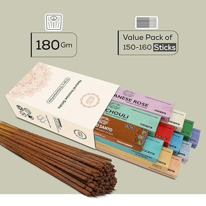 Raajsee Incense Sticks Assorted Pack (180 gm), 100% Pure Organic Natural Hand Rolled Free from Chemicals - Perfect for Aromatherapy, Cleansing, Meditation, and Church (12 Pack)