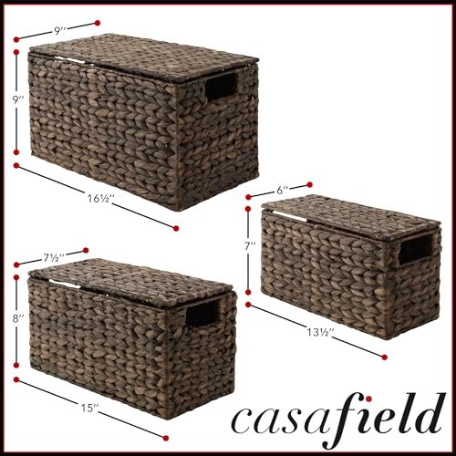 Casafield Set of 3 Water Hyacinth Storage Baskets with Lids, Espresso - Small, Medium, Large Woven Nesting Bins for Bathroom, Bedroom, Closets, Shelves