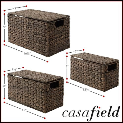 Casafield Set of 3 Water Hyacinth Storage Baskets with Lids, Espresso - Small, Medium, Large Woven Nesting Bins for Bathroom, Bedroom, Closets, Shelves