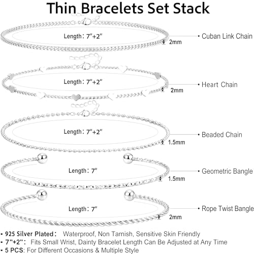 Dainty Gold Bracelet for Women Stack, Thin Bracelets Stackable Set with Bangle Cuff, Box, Herringbone, Paperclip, Figaro, Sparkling Link Chains Waterproof, Simple Jewelry Gifts for Women Non Tarnish - color: Silver-cuban/cuff/heart/beaded/twisted/rope