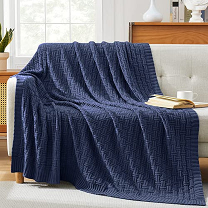 TREELY 100% Cotton Knitted Throw Blanket Couch Cover Blanket(50 x 60 Inches, Navy) - color: Navy Blue, size: Throw (50 in x 60 in)