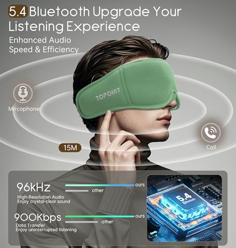 Sleep Mask with Headphones Bluetooth 5.4, TOPOINT 3D Eye Mask Blackout with Soft Bamboo Cotton for Side Sleepers Women Men, Sleep Headphones Earphones HD Speaker Microphone for Travel Meditation Gift - color: Sage