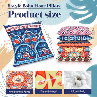 Menkxi 6 Pcs Bohemian Floor Pillows Seating 15 Inch Boho Floor Cushions Sitting Pillows Square Yoga Mandala Meditation Pouf for Living Room Balcony Office Tatami(Classic) - color: Classic