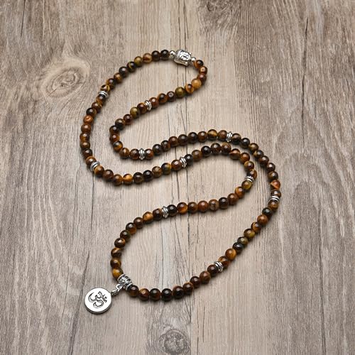 Japa Mala Beads 108 Bracelet, Buddha Charm Necklace with OM Yoga Symbol Charm for Men or Women - style: Brown Tiger Eye