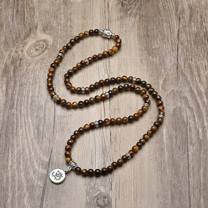 Japa Mala Beads 108 Bracelet, Buddha Charm Necklace with OM Yoga Symbol Charm for Men or Women - style: Brown Tiger Eye