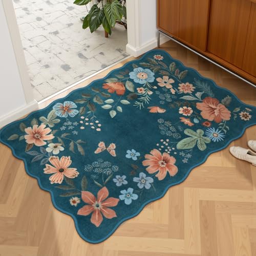 Lahome Floral Washable Entryway Rug, 2X3 Soft Kitchen Rugs Non-Slip, Ultra-Thin Door Mat Indoor Entrance Stain Resistant Boho Small Throw Carpet for Bathroom Bedroom Entry Flore, Navy Blue - color: Navy Blue, size: 2' x 3' (Rectangular)