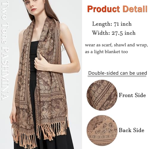 Pashmina Shawl Wrap with Ethnic Paisley Two Tone Jacquard Scarf for Women - color: Black Beige