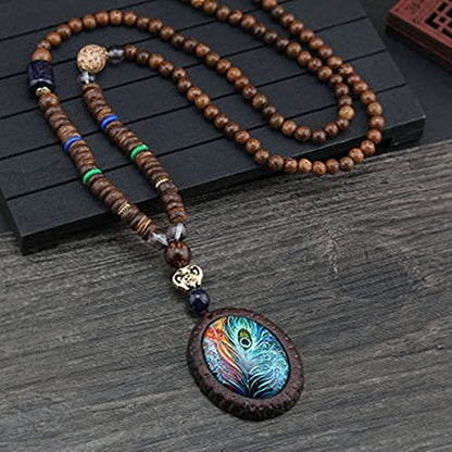 Nepal Buddhist Mala Wood Bead Necklace Ethnic Sweater Chain Statement Long Necklaces & Pendants for Women Men Gift Souvenir (Color : Style7)
