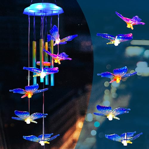 Outdoor Solar Wind Chime Decoration, Mother's Day Birthday Gifts for Grandma, Mom and Family, Outdoor Garden and Courtyard Wind Chime Accessories (Blue Butterfly) - color: Blue Butterfly