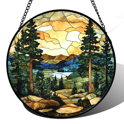 Stained Glass Window Hanging Forest Lake Mountain Sunset 7.8" - Suncatcher Door Garden Sunroom Sun Catcher Home Decor Birthday Christmas for Mom Men Woman Nana Friend