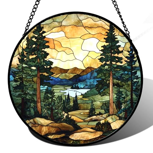 Stained Glass Window Hanging Forest Lake Mountain Sunset 7.8" - Suncatcher Door Garden Sunroom Sun Catcher Home Decor Birthday Christmas for Mom Men Woman Nana Friend
