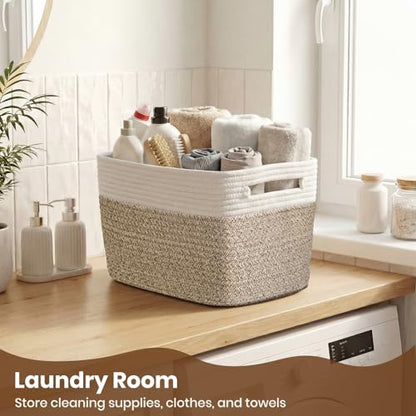 Storage Baskets for Organizing, 14 x 10 x 9” Closet Shelf Woven Baskets, Square Bins with Handles, Cotton Rope Basket for Clothes, Office, Room, White+Rice Brown 1 Pack