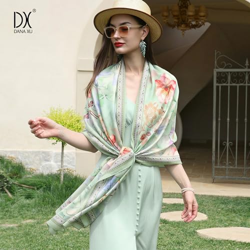 100% Mulberry Extra Large Silk Pashmina Scarf Shawls And Wraps For Women Evening Dress Summer Travel Floral Blanket - color: Light Green Floral